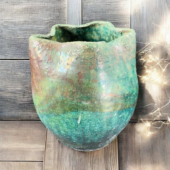 Vintage Raku Studio Art Pottery Vase Bowl Wavy Star Top Green Shiny Glaze Signed - Picture 2 of 14